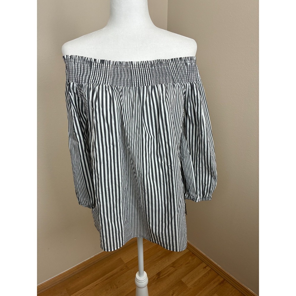 Mello Day Womens Off The Shoulder Smocked Striped Blouse Black White Medium
